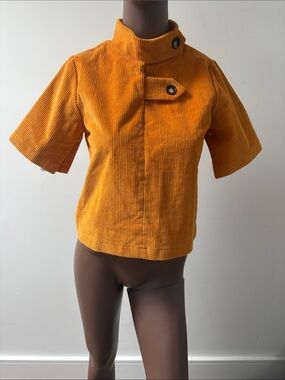 Meg corduroy shortsleeve cropped top shirt buttons high neck orange Small S